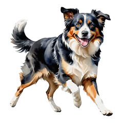 Fototapeta premium Australian Shepherd Dog Running or Jumping Hand Drawn Watercolor Painting Illustration