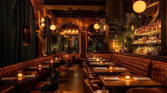 A sophisticated restaurant features plush leather seating and a warm ambiance, with soft candlelight illuminating the tables in the evening.