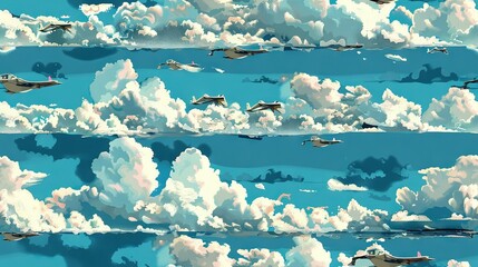   A painting of multiple planes flying above cloudy skies with a blue sky and white clouds in the background