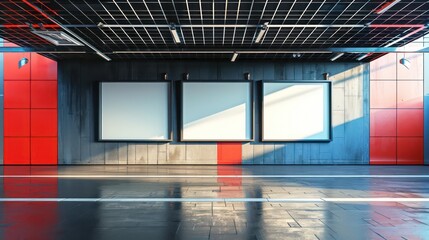 industrial empty warehouse with blank screens