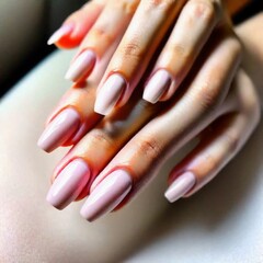 Close-up of a young woman's hands adorned with an elegant manicure featuring understated, neutral hues. Stunning nude manicure showcased on long nails.