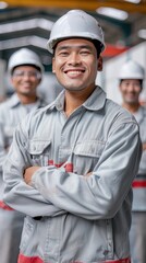 Construction workers in helmets and uniform smiling for a factory picture