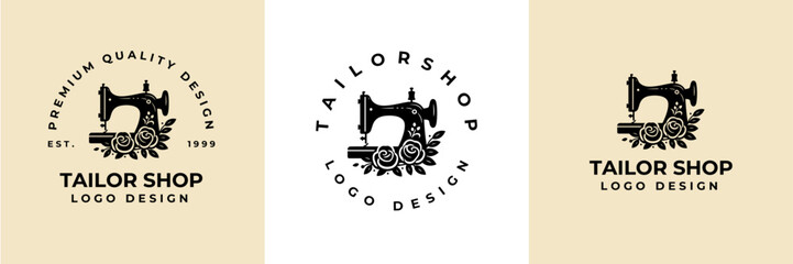 Sewing Machine and flower logo design illustration.Sewing logo atelier, Vintage Tailor's logo, Handmade workshop studio logo, Craft hobby logo. Fashion and clothing logo
