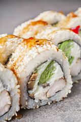 delicious fresh sushi roll philadelphia cheese with chicken cucumber and avocado