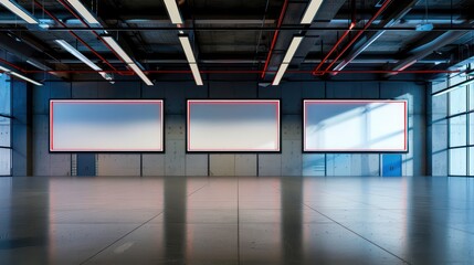 industrial empty warehouse with blank screens