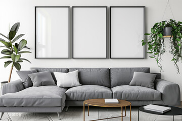 Poster frame mockup in minimalist modern living room interior background Scandinavian style 3D render