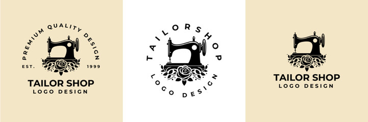 Sewing Machine and flower logo design illustration.Sewing logo atelier, Vintage Tailor's logo, Handmade workshop studio logo, Craft hobby logo. Fashion and clothing logo