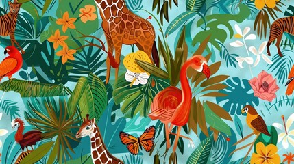   A group of tropical animals, including giraffes, flamingos, and others, on a blue background featuring leaves and flowers