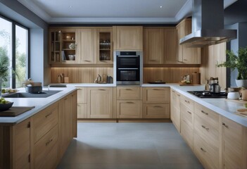 Fototapeta premium U-shaped kitchen front wooden interior large island The large