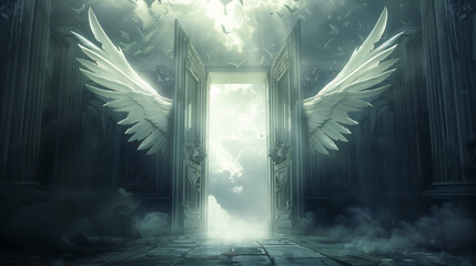 Gate to heaven with beautiful angelic wings
