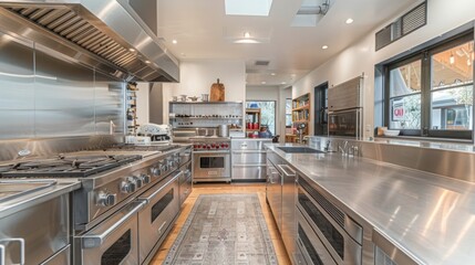 A large kitchen filled with sleek stainless steel appliances, including a refrigerator, stove, and...