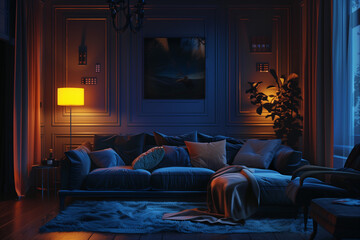 Cozy dark living room interior background 3d render