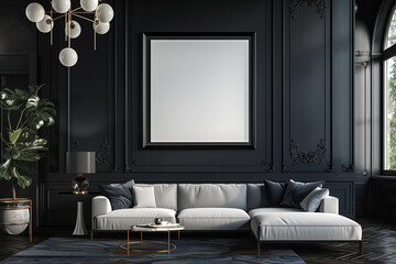 Home interior luxury modern dark living room interior poster frame mock up 3d render