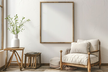 Mockup frame in cozy simple living room interior close up 3d render