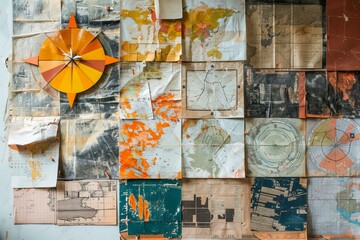 A close up of a wall with a clock and many different papers