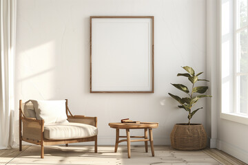 Mock up frame in home interior background white room with natural wooden furniture 3d render
