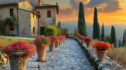  Sunset view of a cobblestone path with flower pots leading to a stone structure