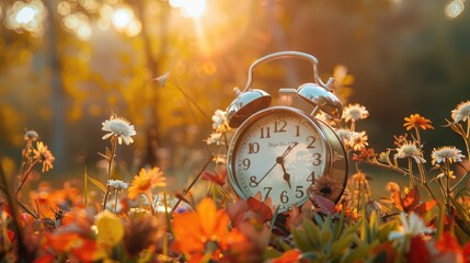 Daylight saving time ends. Alarm clock on beautiful nature background with summer flowers and autumn leaves. Summer time end and fall season coming. Clock turn backward to winter time - Powered by Adobe
