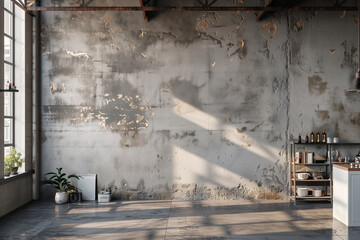 Wall mockup in loft kitchen in industrial style 3d render