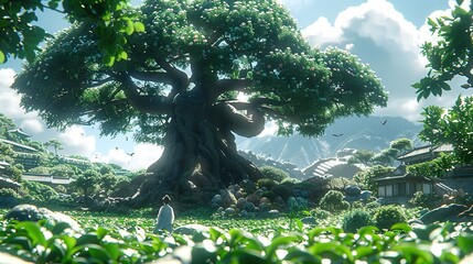   A majestic tree stands tall amidst a verdant meadow, framed by an azure sky dotted with wispy clouds and distant peaks