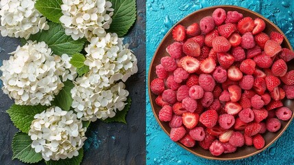   A bowl of red raspberries beside a white hydrangea on a blue-green background