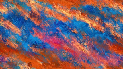   An abstract painting composed of blue, orange, and pink hues set against an orange and blue backdrop Light streams emerge from above the image