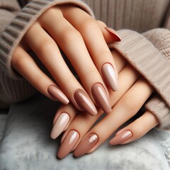 Close-up of a young woman's hands adorned with an elegant manicure featuring understated, neutral hues. Stunning nude manicure showcased on long nails.