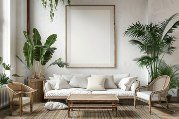 Frame mockup in living room interior background Coastal boho style 3D render