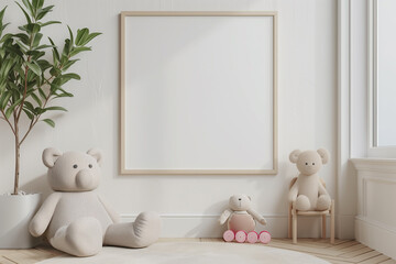 Mock up poster frame in white cozy children room interior background 3D render