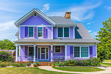 Charming luxury house with a lavender-colored facade, quaint shutters, and a welcoming front porch. Full front view in a summer suburb."