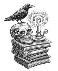 Raven bird perched on skull, candle and stack of books. Hand drawn engraving. Vector vintage illustration