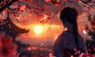 An illustrated woman amidst cherry blossoms at sunset. Generate AI