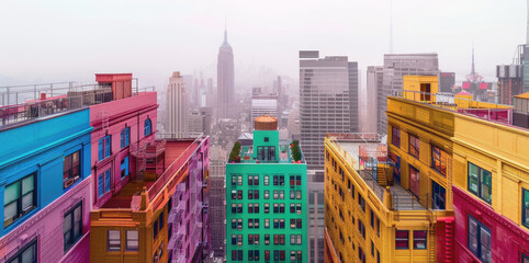 Obraz premium Colorful buildings, skyscrapers in New York, in the style of architectural photography, isometric, pastel colors.