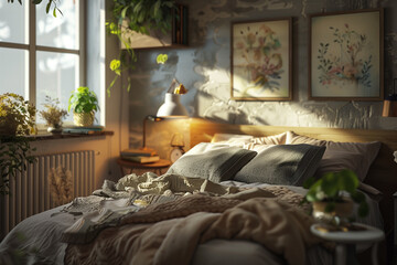 Home mockup cozy bedroom interior background 3d render