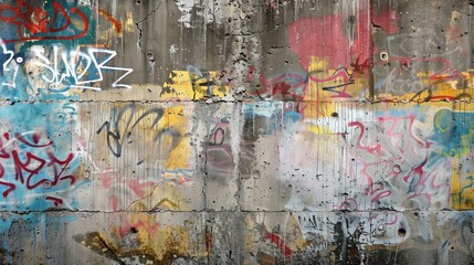Grunge Wall: Concrete with vivid graffiti, showing urban culture and street art.