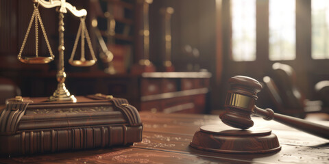 A judge's gavel sits on a wooden desk next to a book and a scale