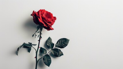 A solitary red rose against a white backdrop