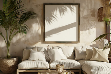 Mockup frame in living room interior of Spanish villa 3d render