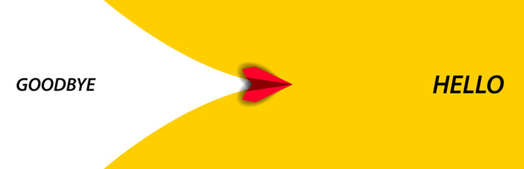 Red plane flying from goodbye to hello.business creativity new idea discovery innovation technology.