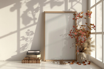 Mockup frame dry flower and books standing close up near window 3d render