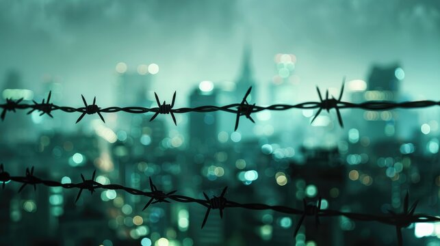 The abstract silhouette of barbed wire against the backdrop of a bustling city adds a layer of depth to the concept of freedom