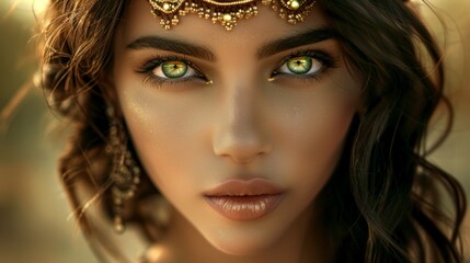 Striking Close-Up Portrait of Beautiful Woman with Exotic Gold Headpiece and Green Eyes