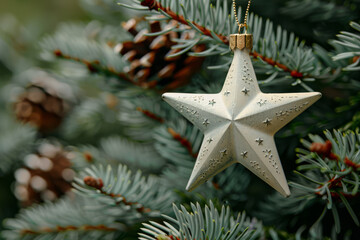 Ivory Star Decoration Suspended Among Green Pine Branches