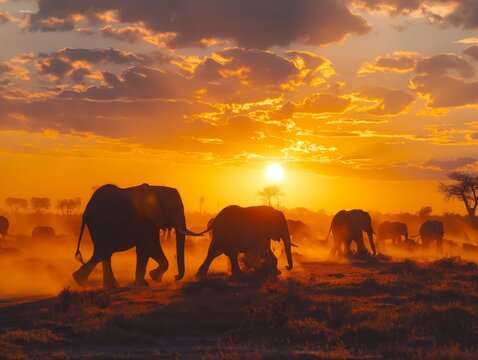 group of elepants drinking from a small watering hole, trunks extended