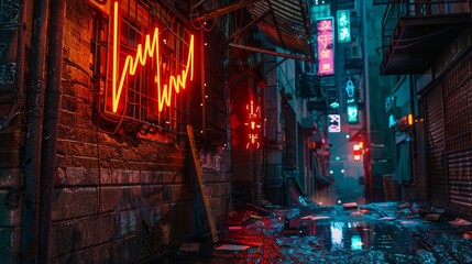 Neon-Lit Urban Alley at Night with Oil Price Graph Sign Highlighting Economic Downturn
