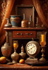 Fototapeta premium illustration, vintage still life arrangement antique objects compositions, retro, classic, traditional, aged, nostalgic, historical, dated, old, display