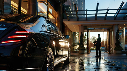 Arriving at a Modern Hotel Entrance in a Luxury Sedan