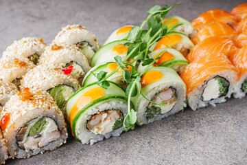 delicious fresh sushi roll philadelphia cheese with salmon eel cucumber and avocado