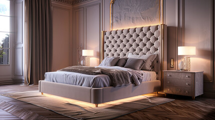 Elegant bedroom featuring a grand double bed with a tufted headboard, surrounded by soft lighting and a classic wooden floor.