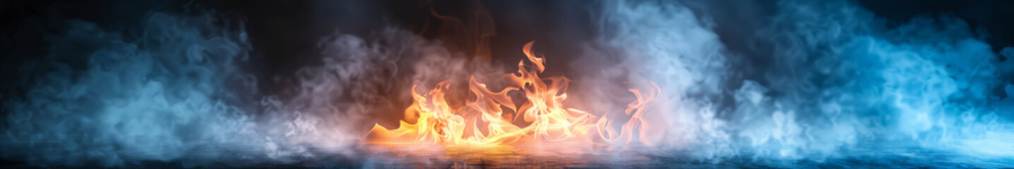 Fototapeta premium Intense Blue and Orange Flames in Dramatic Smoke Background